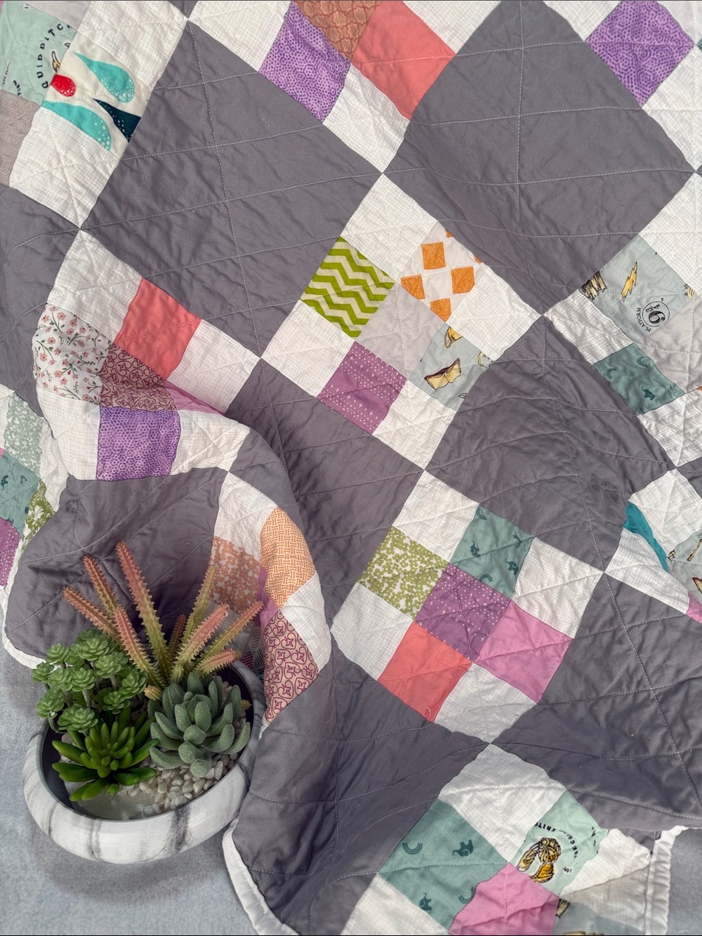 Handmade Patchwork Quilt with Pink, Purple, Green and Coral Accents